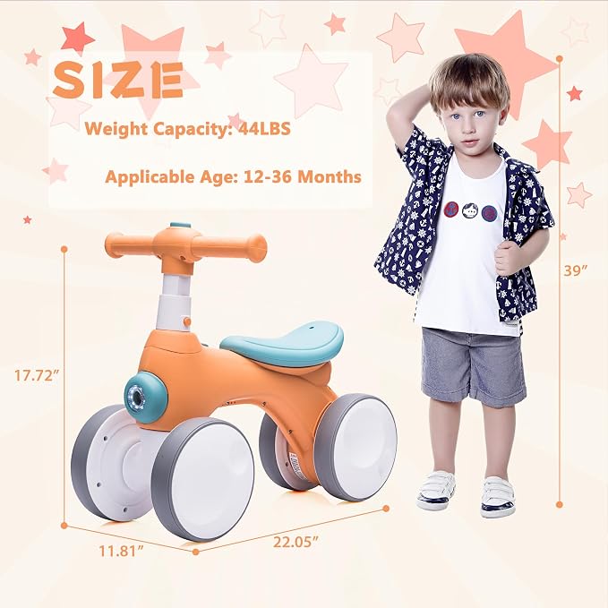 Baby Balance Bike 1 Year Old with Music, Lights, Bubble Machine, 4 Wheels Pedal-Less Toddler Ride on Toys for 12-36 Months Birthday Gift, Toddler boy Toys（Orange&Green）