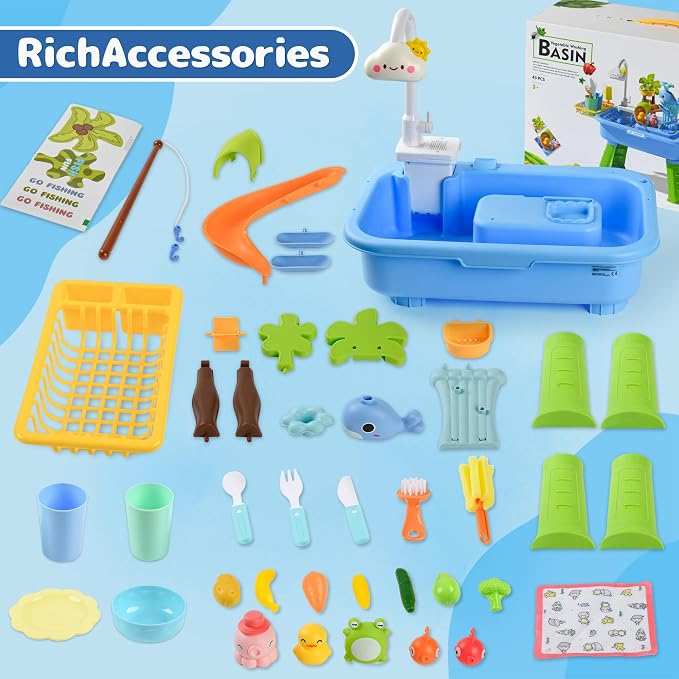 2026 Upgraded Toddler Sand Water Table Toy with Electric Water Pump, Kids Sand Water with Faucet/Play Food Accessories/Fishing Toy, Kitchen Play Sink Toys for Girl Boy Age 3+ (Blue)