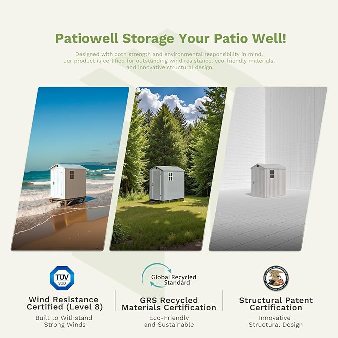 Patiowell 4 x 8 FT Plastic Outdoor Storage Shed with Floor, Garden Tool Resin Storage Shed with Two Windows and Single Lockable Door for Garden, Backyard, Lawn, Easy to Install, Light Grey