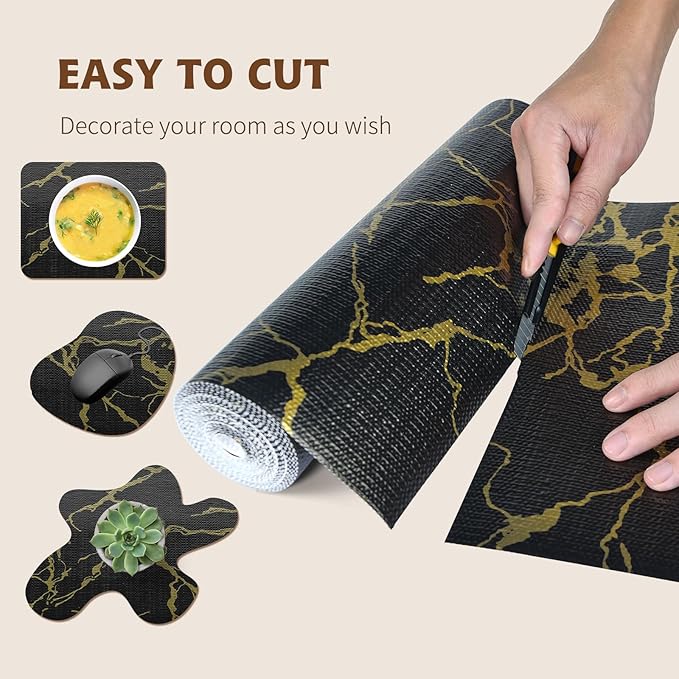 2-Layer Drawer and Shelf Liner for Kitchen Cabinet: 12in X 20Ft Non Slip Waterproof Shelf Paper Non Adhesive Refrigerator Liners Black/Gold Marble Easy Liners for Bathroom with Knife Tape Measure
