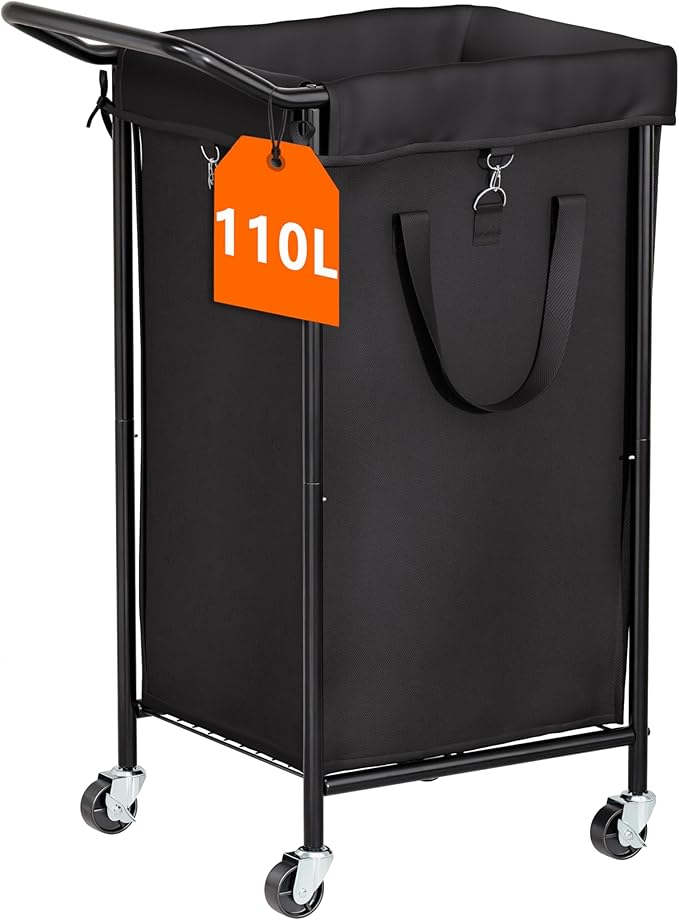110L Laundry Basket with Wheels, Rolling Laundry Hamper with Metal Frame and Removable Bag, Dirty Clothes Hampers for Bedroom, Bathroom, Dorm Room, Black