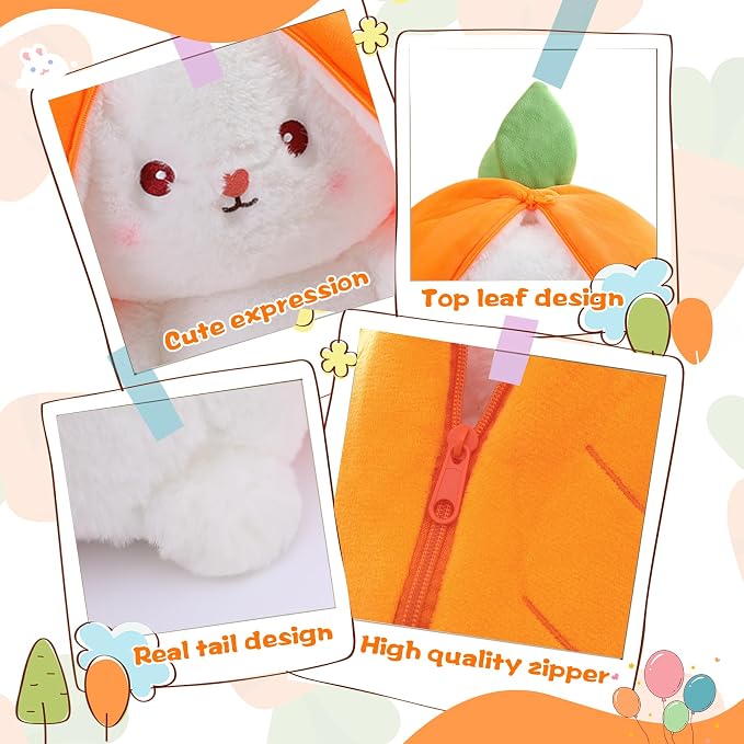 MIAODAM 13.7 inch Easter Bunny Stuffed Animal, Kawaii Squishy Cute Easter Bunny Plush Turn Into Rabbit Fruit Doll Carrot Strawberry Pillow, Plushies Funny Bunny Toy for Baby