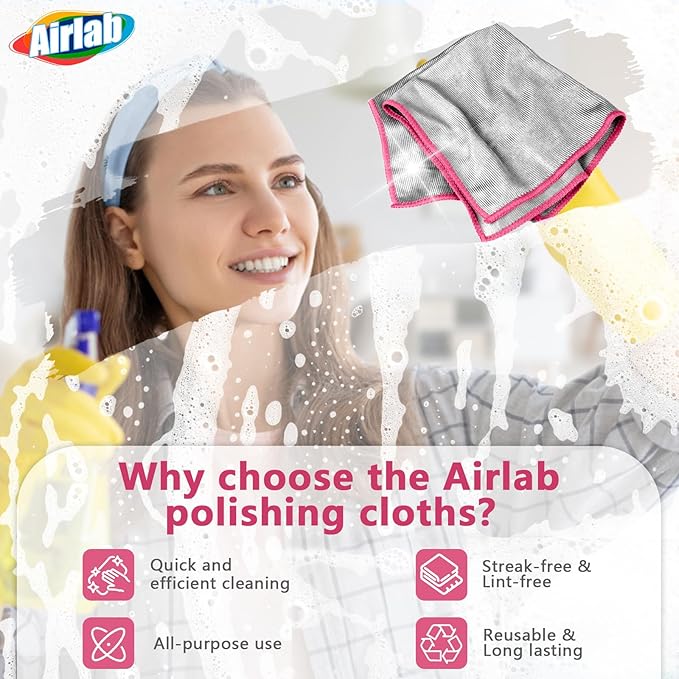 Airlab Glass Polishing Cloth Streak Free Miracle Microfiber Cleaning Cloth Lint Free Cleaning Rags for Glasses Kitchen Dish Mirrors Easy Clean, Pack of 6, 12" x 12", Sliver-Pink