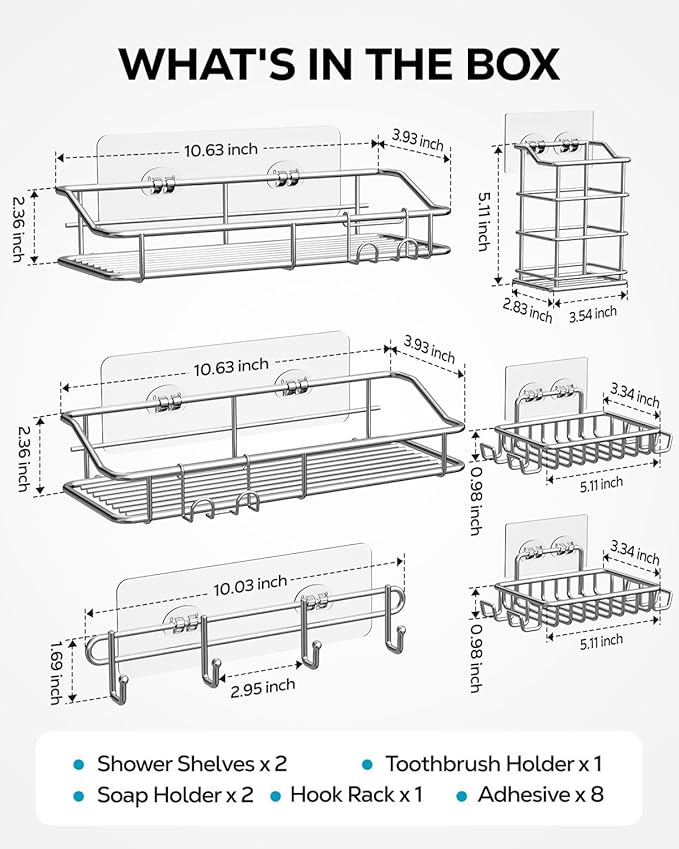 Nieifi Shower Caddy Shelf with Hooks Storage Rack Organizer Adhesive Stainless Steel without Drilling for Bathroom, Lavatory, Washroom, Restroom, Shower, Toilet, Kitchen (Sliver, 6 Pack)