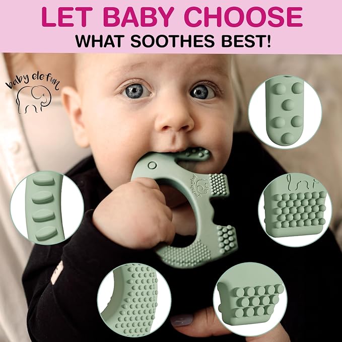 Baby Elefun Baby Teething Toys 5X Pain Relief Zero Delay 0-6 Months, Olive