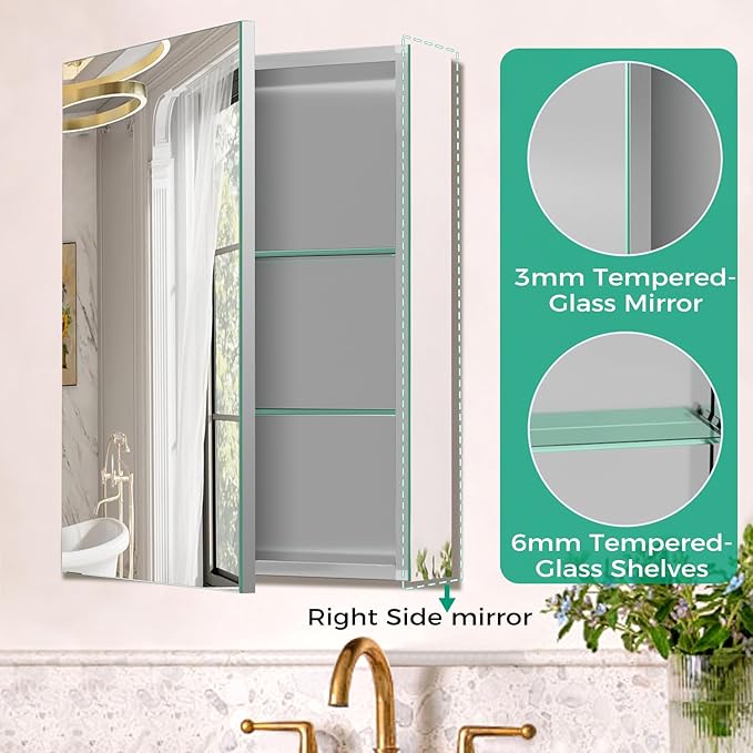 24 x 32 Inch Medicine Cabinet Mirror,Bathroom Mirror Cabinet with Adjustable Shelves, Aluminum Silver Medicine Cabinets for Bathroom,Recessed or Wall Mounted Medicine Cabinets