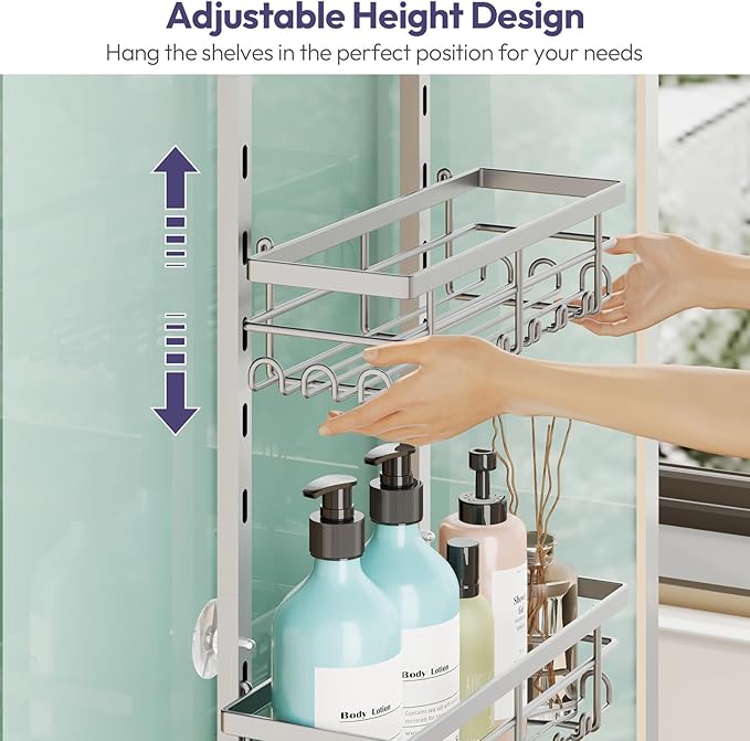 SWTYMIKI Over The Door Shower Caddy - 4 Tier Rustproof Hanging Shower Organizer with Adjustable Shelves, 40 Hooks & Soap Holder, Hanging Shower Rack Storage for Bathroom Accessories, Silver