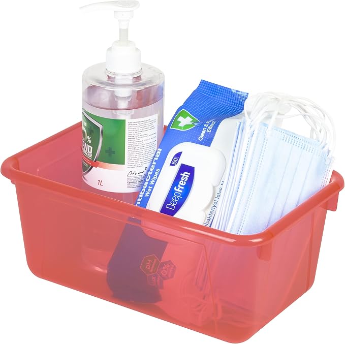 Storex Small Cubby Bins – Plastic Storage Containers for Classroom with Non-Snap Lid, 12.2 x 7.8 x 5.1 inches, Tint Red, 5-Pack (62481A05C)
