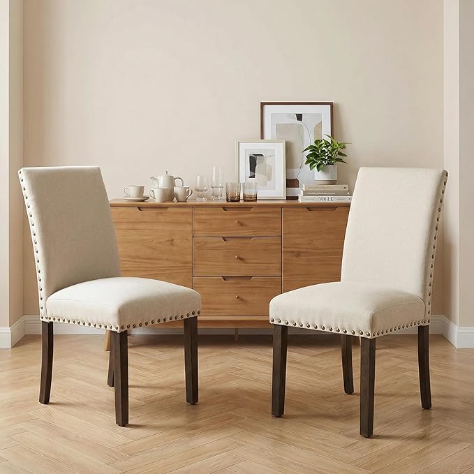 Furniliving Upholstered Wood Dining Chairs High Back Dining Room Chairs with Wooden Legs for Kitchen Dining Room Living Room. (Beige, Set of 2)