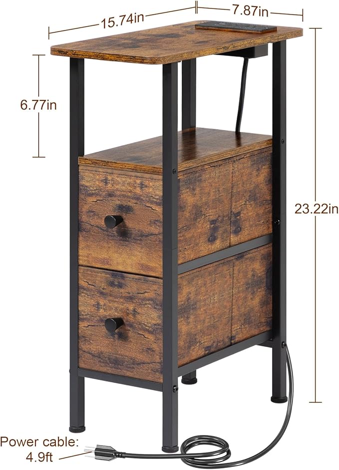 Narrow End Tables Living Room Set of 2 with Charging Station, Skinny Side Table with Fabric Drawers, Slim Nightstand for Bedroom, Small Spaces, Couch, Rustic Brown, HETNDP02PBR