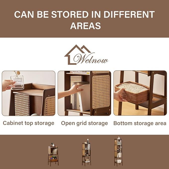 Welnow Bamboo Rattan Bookcase with Cabinet, 1-Tier Storage Shelf with Side Table & End Table Function, Large Modern Wood Organizer for Living Room or Bedroom, Walnut Bookshelf