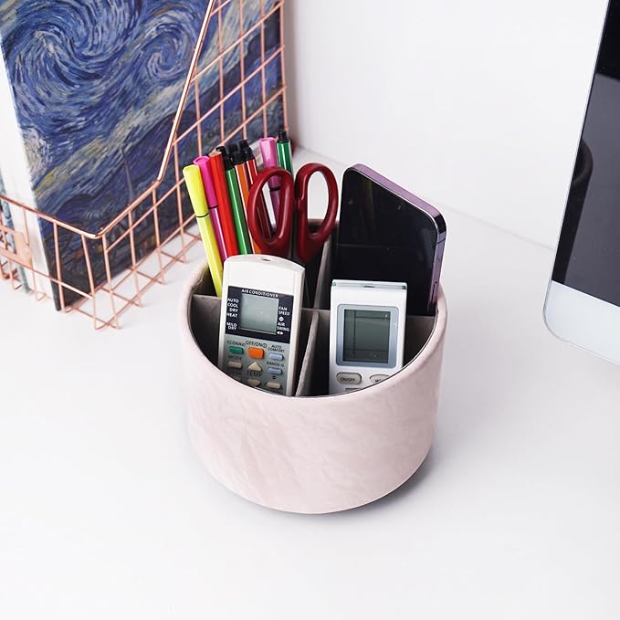 Hennaja Round Leather Art Supply Organizer,Remote Control Holder,360 Degree Spinning,Multi-Functional Pencil Holder,4 Compartments Desktop Stationary Organizer(1-Hill Pink)