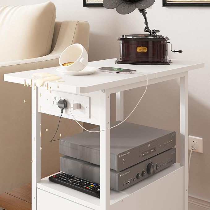LIDYUK End Table with Charging Station, Narrow Side Table with Drawer and USB Ports & Power Outlets, Nightstand Bedside Tables for Small Spaces, Bedroom, Living Room, White, Set of 2