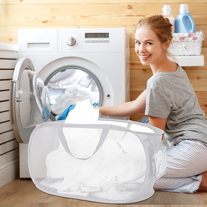 4 Pack Collapsible Laundry Baskets, Foldable Laundry Basket with Pocket, Durable Pop Up Hampers, Reinforced Handles Dirty Clothes Hamper for Laundry, Bedroom, Bathroom, Dorm, Travel or Camping White