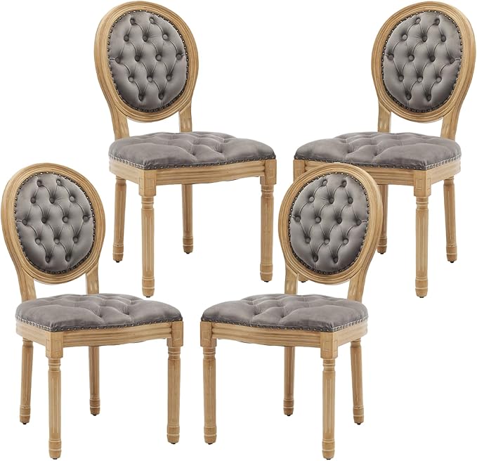French Country Dining Chairs Set of 4,Farmhouse Upholstered Dining Room Chairs with Tufted Round Back&Solid Leg,Velvet Kitchen Side Chairs for Kitchen/Bedroom/Dining Room,Gray
