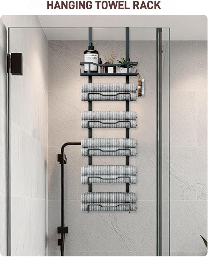 Hanging Towel Racks for Bathroom No Drill - 6-Tier Over The Door Bath Towel Storage Organizer for Small Bathrooms - Tiered Back of Door Towel Holder Hanger for Rolled Towels RV Camper Black