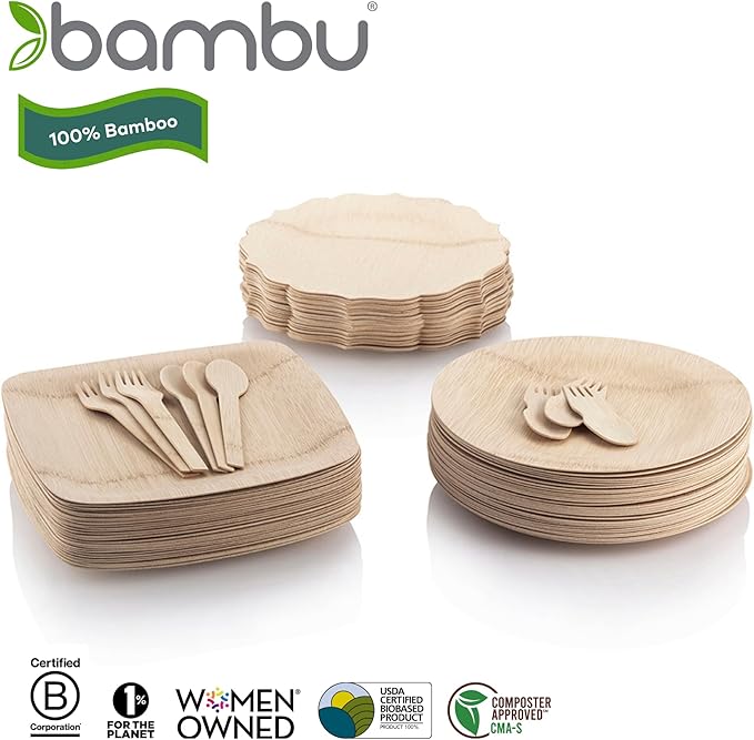 Bambu Pack of 25-11 Inch Disposable Bamboo Plates Fancy, Biodegradable Eco Friendly Products, Bamboo Disposable Plates for Party, Weddings, and Events, Great For Any Occasion, Compostable Plates