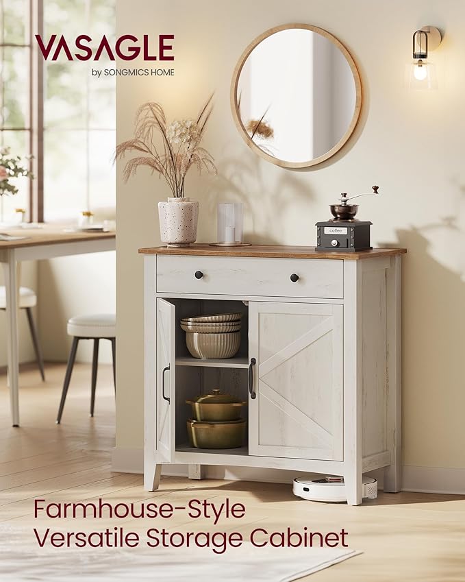 VASAGLE LIRY Collection - Buffet Cabinet, Coffee Bar Cabinet with a Drawer, Adjustable Shelf, Sideboard Storage with Cable Hole, Drawer Divider, Rustic White and Honey Brown UBBK341W01