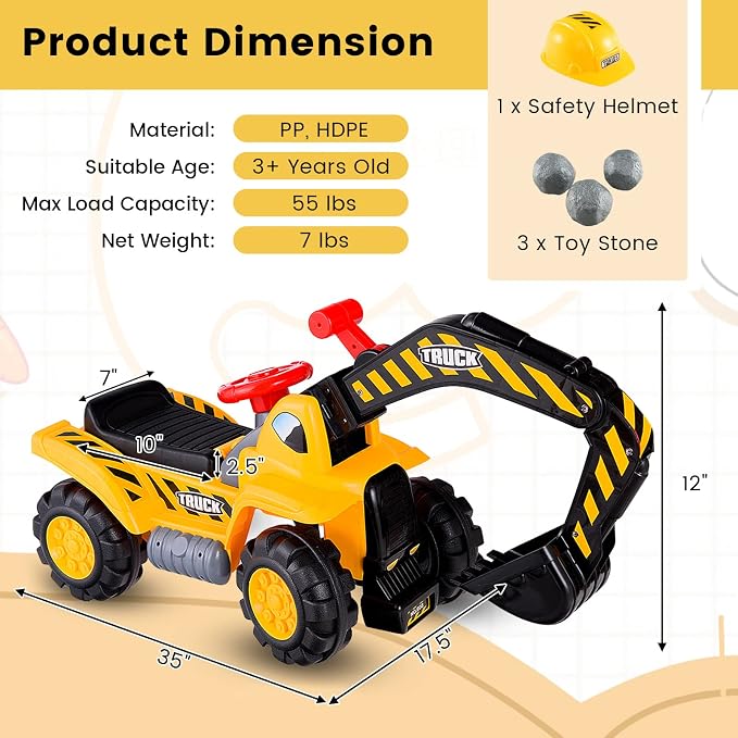 Costzon Kids Ride on Construction Excavator, Kids Digger Scooper Tractor Toy W/Safety Helmet, Rocks, Horn, Underneath Storage, Moving Forward/Backward, Push Car Gift for Boys Girls (Push Excavator)