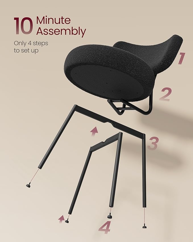 VASAGLE Boucle Dining Chairs Set of 4, Upholstered Kitchen Dining Room Chairs with Curved Backrest and Steel Frame, Modern Mid Century, Round, for Vanity, Living Room, Ink Black UKDC110B14