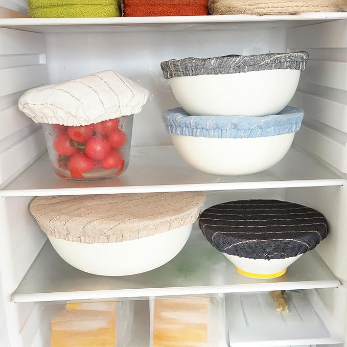 100% Pure Linen Bowl Covers For Bread Proofing, 4 Pcs Elastic Reusable Bowl Covers Large Ticking Striped Cloth Fabric Stretch Sourdough Lids, 6 * 8 * 10 * 12 Inches- Black