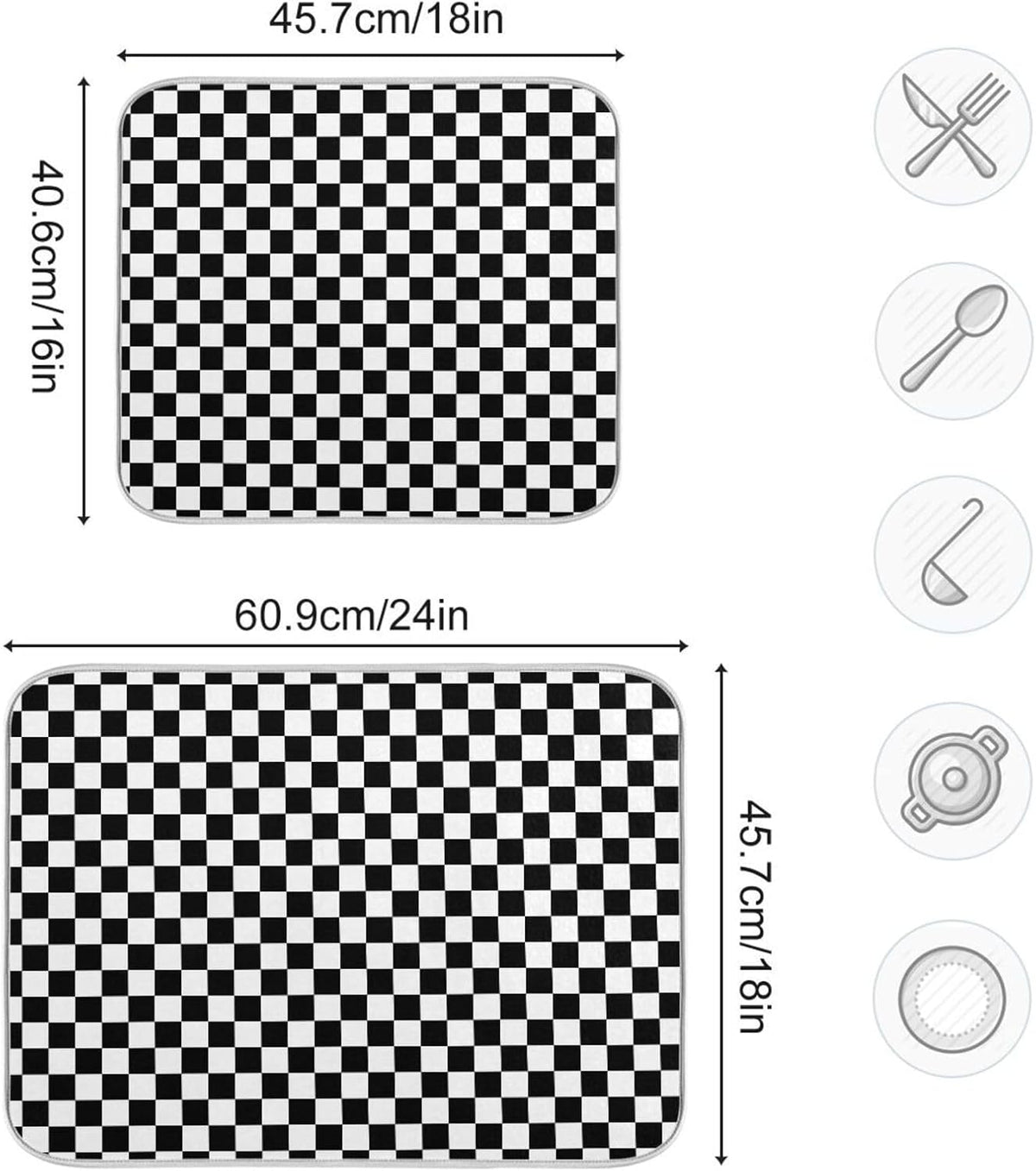 Black White Checkered Pattern Dish Drying Mat for Kitchen Counter Absorbent Microfiber Drying Pad, Medium 16x18 in, Reversible Drainer Mats