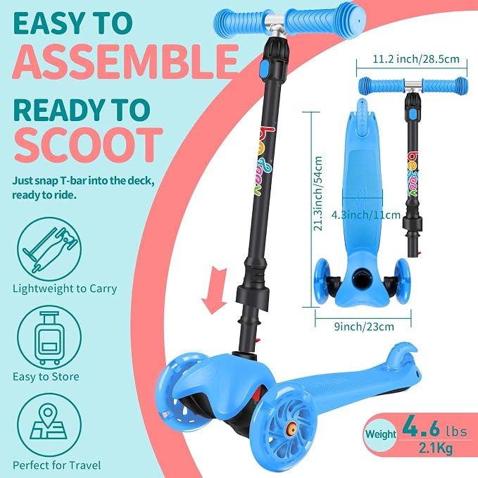 BELEEV A1 Scooter for Kids Ages 2-6, 3 Wheel Kick Scooter for Toddlers Girls Boys, Light up Wheels, Adjustable Height, Lean to Steer, Non-Slip Deck, Lightweight Push Scooter for Children
