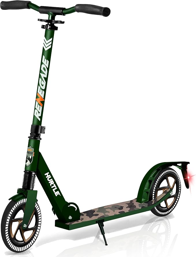 Hurtle Renegade Kick Scooter for Kids, Teenagers & Adults - 2-Wheel Folding Scooter with Adjustable T-Bar Handlebar - Alloy Anti-Slip Deck