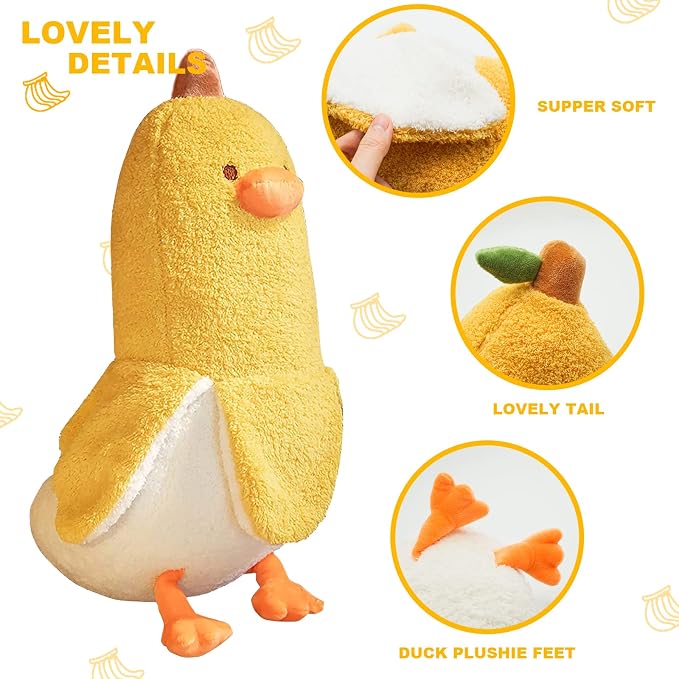 PEACH CAT Banana Duck Plush Toy Cute Plushie Hugging Plush Pillow Duck Stuffed Animal for Girls and Boys Yellow 27.5"