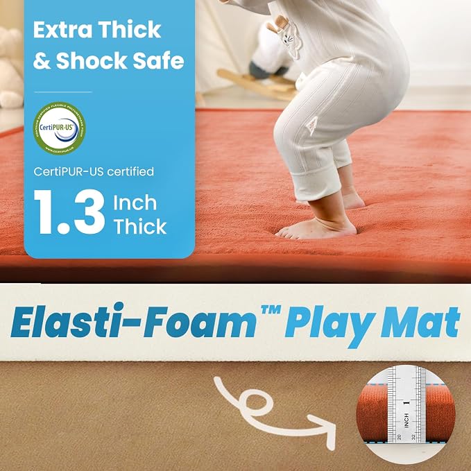 1.3" Thick Baby Play Mat for Floor Playpen, 50x50 Foam Tummy Time Mat, Padded Support Soft Plush Nursery Rug for Infant Kids Toddler Crawling Kick Activity (Brick)