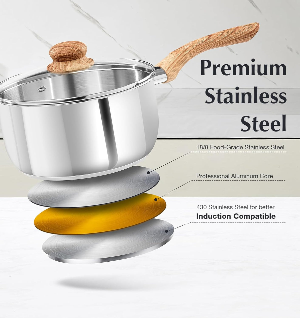 KOCH SYSTEME CS Stainless Steel Saucepan, 3 Quart Sauce Pan with Lid & Cool-Touch Bakelite Handle, 3 QT Saucepan with Lid, Induction Sauce Pan, Stainless Steel Pot 3 Quart