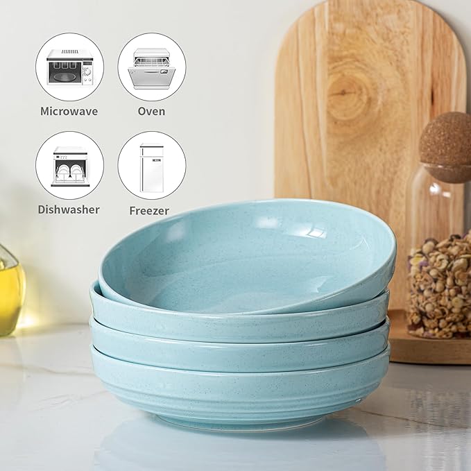 HAPPY KIT Stoneware Pasta Bowls, 9-inch, Set of 4, 42 oz, Reactive Glaze Large Salad Bowls, Scratch-Resistant Ceramic Serving Bowls, Four Colors