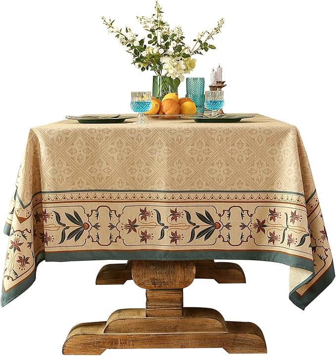 patdrea Designer Beige French Linen Tablecloth for Square Table,Anti-Wrinkle Durable Floral Table Cloth,Dacorative Cover for Kitchen Dining,Tea Party,Christmas,Thanksgiving,67"x67"-Fram