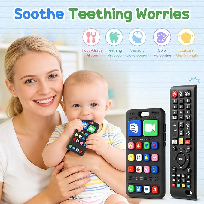 2 Pack Baby Teething Toys 3-6 6-12 Months, Sensory Silicone Phone and Remote Teether Toys for Teething Relief, Infants Newborn Chew Toys 6-18 Months for Sucking Needs, Shower Birthday Gifts
