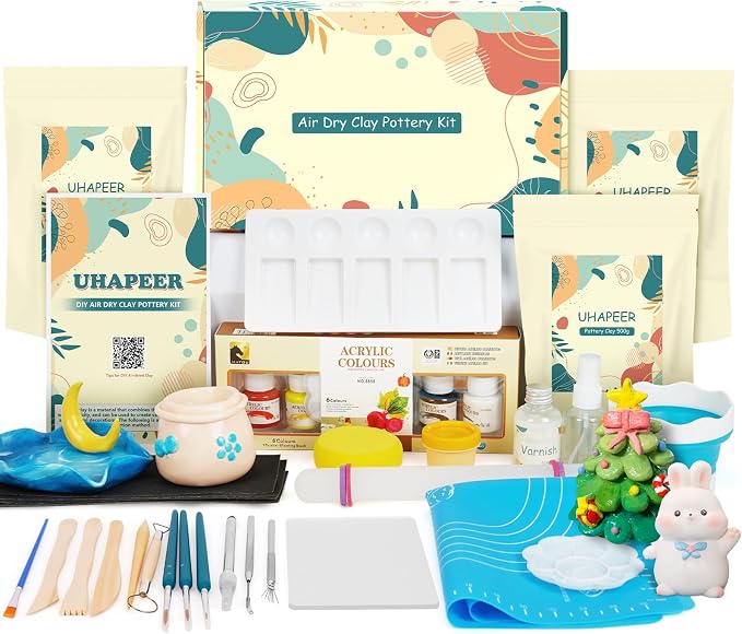 UHAPEER Air Dry Clay Kit for Adults, Pottery Set for Beginners with Clay, Sculpting Tools, Varnish, Pottery Paint, Step-by-Step Guide & Video, Gift for Arts Crafts Lover