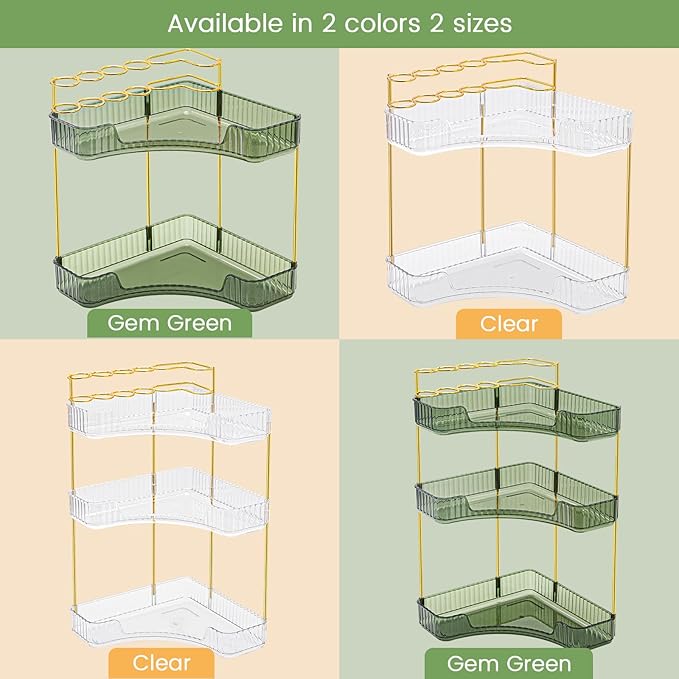 NATURE'S SOURCE Makeup Organizer for Vanity, 2-Tier Corner Bathroom Organizer Countertop with Makeup Brush Holder, Corner Counter Storage for Bathroom Dresser-Clear