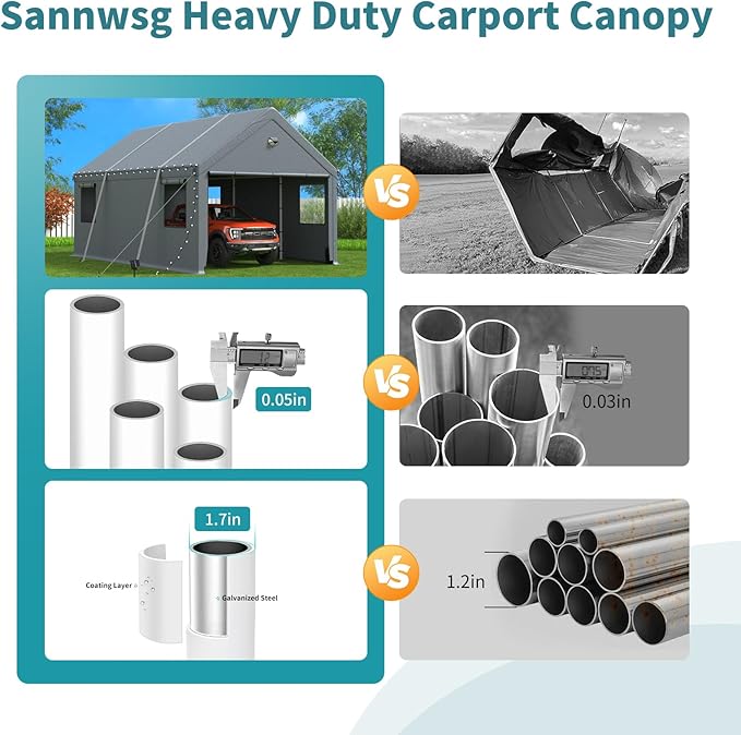 20X20 Carports Heavy Duty,Car Port with Removable Side Wall,Carport Canopy,Portable Car Port Garage,Car Shelter All Weather,Gray