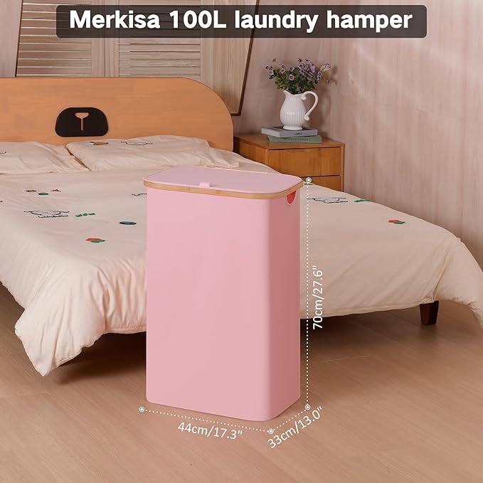 100L Laundry Hamper with Lid, Lagre Basket with Bamboo Handles,Foldable Clothes Hamper Tall Dirty Laundry Basket for Clothes Toys Towels Organizing,Pink