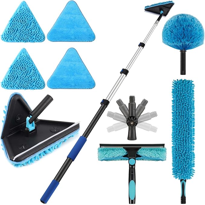 20 Foot Wall Cleaner Mop with 12 Ft Heavy Duty Extension Pole, 3-in-1 High Ceiling Cleaning Tool with 4 Microfiber Chenille Pad, Cobweb Duster, Fan, Baseboard, Window Squeegee Kit (12ft)
