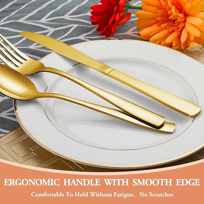 40 Pcs Gold Silverware Set, Stainless Steel Flatware Set for 8, Food-Grade Cutlery Set, Mirror Polished Tableware Eating Utensils Set for Home Kitchen, Include Knife Fork Spoon Set, Dishwasher Safe