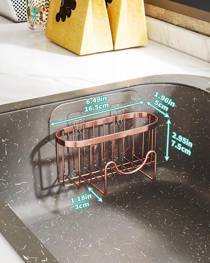 HapiRm Multifunctional Sink Sponge Holder with Unique M-Shaped, 2 Installation Ways Kitchen Sink Caddy, Stainless Steel Kitchen Organizer for Sponge, Brush and Scraper - Rose Gold