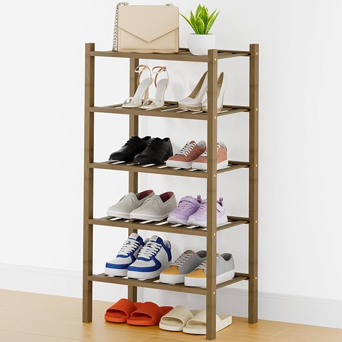 Smiry Shoe Rack, 5 Tier Thick Small Bamboo Shoe Organizer, Stackable Free Standing Wooden Shoe Storage Shelf for Closet, Entryway, Front Door Entrance, Walnut