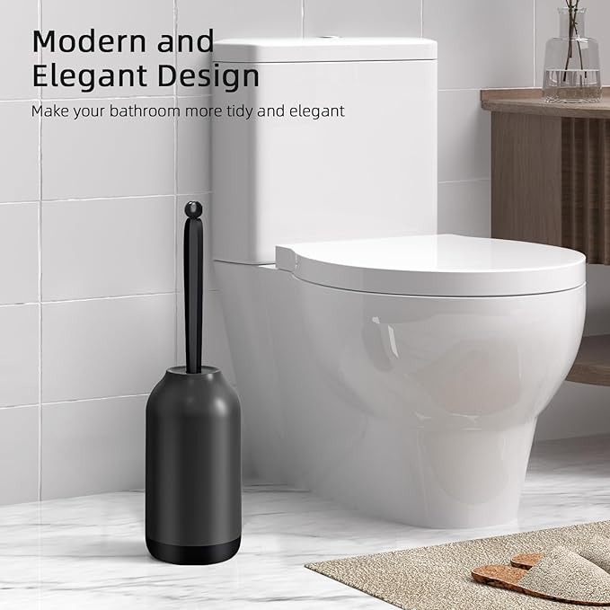 HAMITOR Toilet Bowl Brush Holder Set: Bathroom Deep Cleaning Toilet Cleaner Scrubber Under Rim with Curved Bristle for Dead Corner Clean - Hidden Rv Toilet Decorative Accessories with Caddy- Black