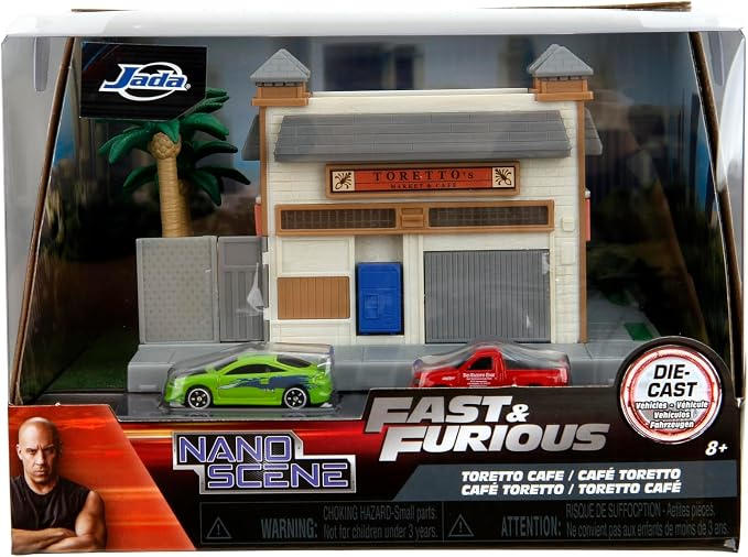 Fast & Furious Toretto's Market & Cafe Nanoscene & 2 1.65" Die-cast Cars, Toys for Kids and Adults