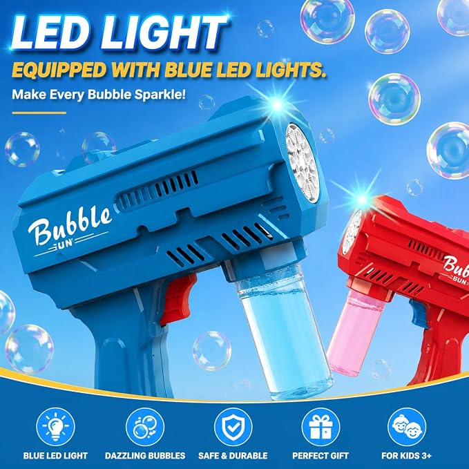 2 Pack LED Bubble Gun for Kids, Automatic Bubble Blower with 2 Refill Solutions, Leak-Proof Bubble Blaster Toy for Toddlers, Outdoor & Indoor Play, Ideal Easter & Birthday Gifts for Boys Girls Age 3-8