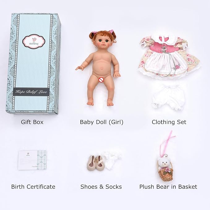 Baby Doll, 18 Inch Realistic Reborn Toddler Real Life Baby Dolls with Vintage Floral Dress, Little Bear & Woven Basket, Premium Collectible Doll Gifts for 3+ Year Old Girls