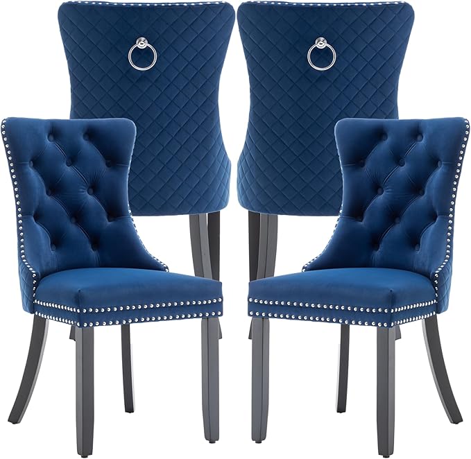 Velvet Dining Chairs Set of 4, Upholstered Dining Room Chairs with Nailhead Trim, Sillas de Comedor Modernas 4, Wooden Kitchen Chairs for Dining Room, Living Room, Kitchen, Bedroom, Blue