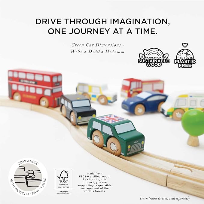 Le Toy Van London Car Set Premium Wooden Toys for Kids Ages 3 Years & Up (TV267), 7-pk