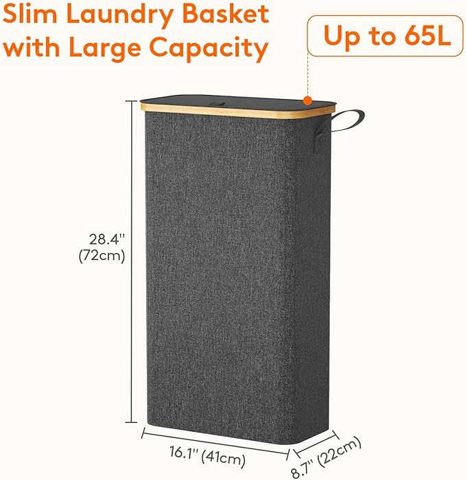 Lifewit 65L Slim Laundry Hamper with Lid, Narrow Laundry Basket with Removable Bag & Bamboo Handles, Fodable Thin Dirty Clothes Hamper for Laundry Collapsible Bin for Bathroom Bedroom Dorm, Dark Gray