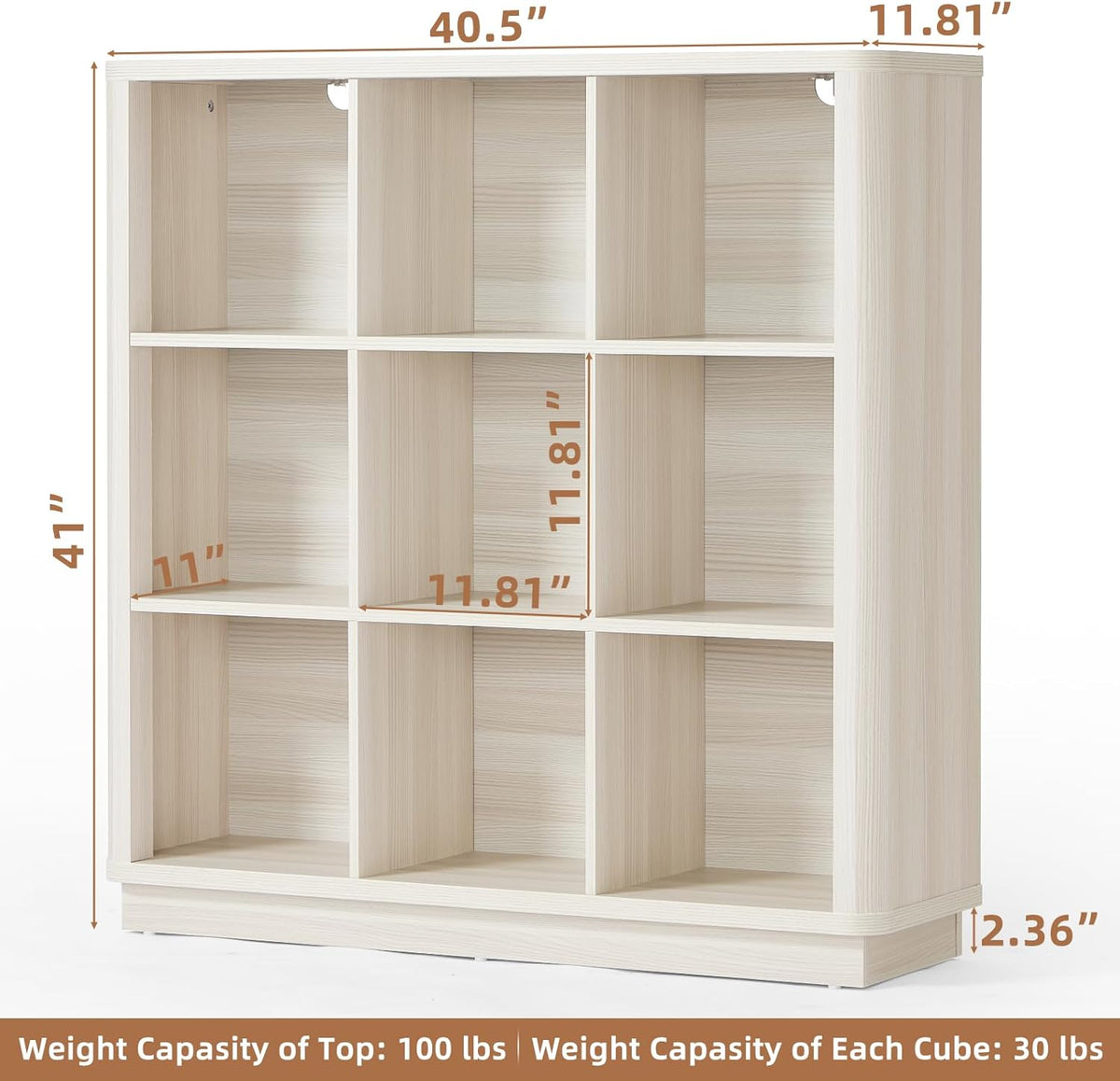 9 Cube Storage Book Shelf, 41" Tall Organizer Bookcase with Curved Edge, Wood Floor Standing 3-Tier Cubby Bookshelf with Base, Vintage Display Book Case for Bedroom, Office, White Cream Oak